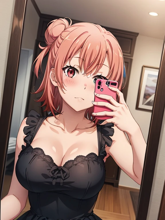 ((masutepiece, Best Quality, hight resolution, nffsw, Perfect Pixel, depth of fields, 4K, )), 1girl in, Solo, , Beautiful anime girl, Beautiful Art Style, 
very low view angle:1.3, view from below:1.5, selfie in mirror:1.5, living room background, 
Perfect body, wink eye:1.5 standing:1.5, shot from below:1.4, black goth dress1.5,
Yuigahama Yui, Hair bun, short hair, large breasts, 
Full face blush, red face, 
straight on:1.3, medium shot