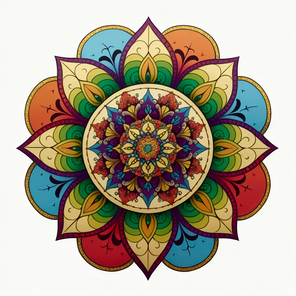 Masterpiece, best quality, very detailed, extremely detailed, colorful mandala, no background 