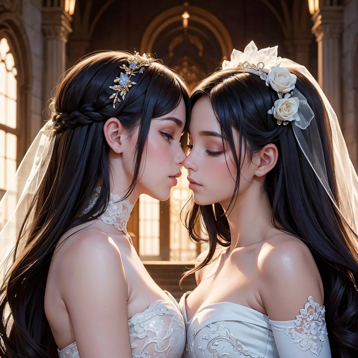 (masterpiece, highest quality, official art, beauty and aesthetic), two stunning bride is deeply in love with each other, kiss, mystical ambiance