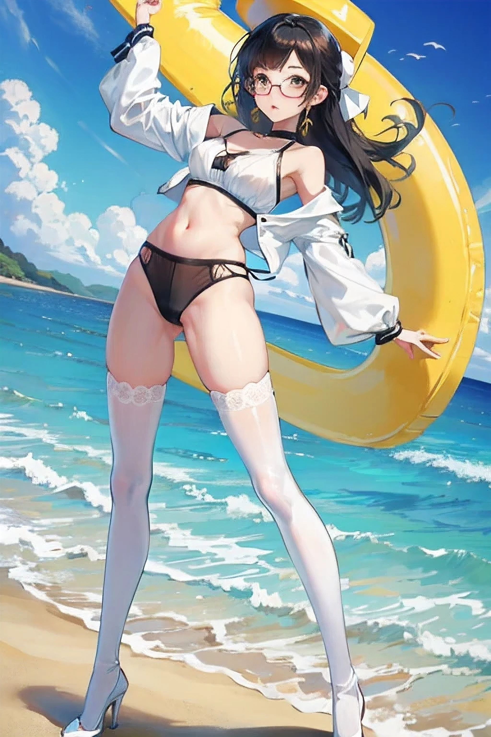 A beautiful,Girl, Anime style girl, long black hair, Round frame gold glasses black mask transparent underwear beach legs wide open white stockings cute 4k