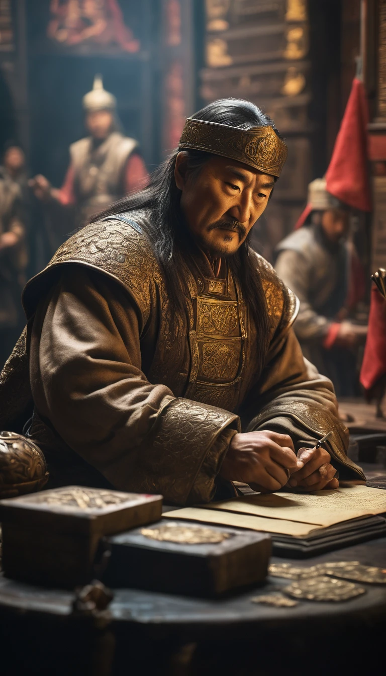 The signing of a significant treaty with another empire, showcasing Genghis Khan's diplomatic acumen, background dark gold, hyper realistic, ultra detailed hyper realistic, photorealistic, Studio Lighting, reflections, dynamic pose, Cinematic, Color Grading, Photography, Shot on 50mm lens, Ultra-Wide Angle, Depth of Field, hyper-detailed, beautifully color, 8k