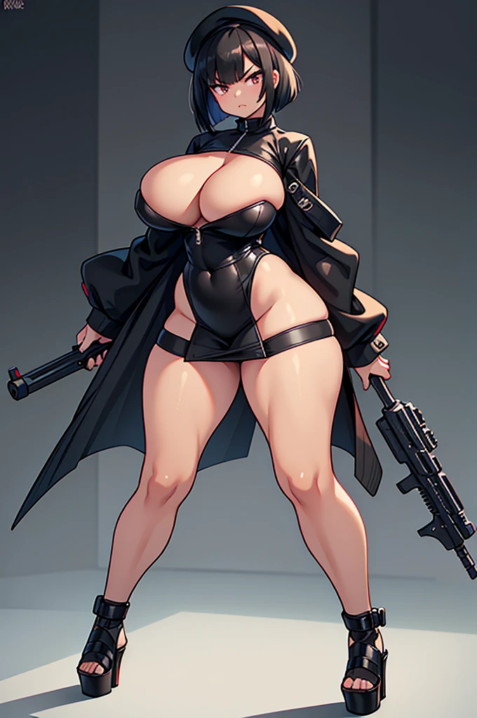 thick hips, thick thighs, platform heels, black tight dress, huge breast, thin waist, bob cut hair, weapon, tanned skin, gun, angry look, scream, thick body, fitness, stockings, beret, cyberpunk, happy , moan,