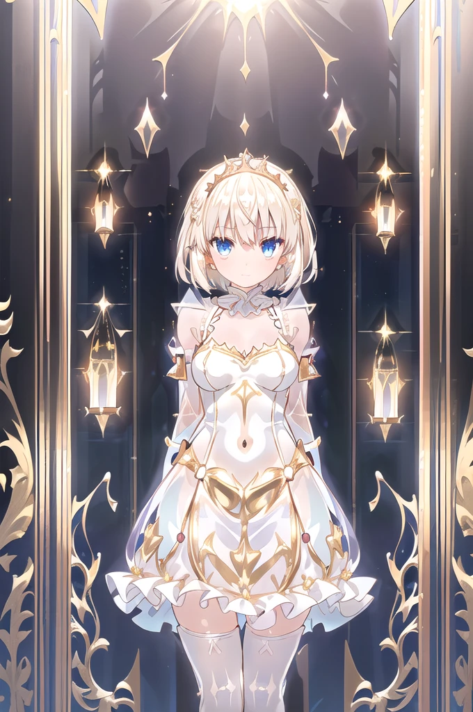 1girl,solo,(standard height),(cowboy shot),standing,(blonde hair:1.2),(short hair:1.2),(tiara:1.2),(blue eyes:1.2),(beautiful fingers:1.4),(perfect anatomy:1.4),(arms_behind_back:1.6),(cold_shoulder:1.2),BREAK,(gold leather lace glossy silk lamé leotard:1.6),(gold evening dress:1.4),(latex luster shiny glossy metallic:1.6),(shiny_clothes:1.6),(gold open skirt:1.4),(gold pencil mini skirt:1.4),medium breasts,beautiful breasts,(masterpiece),best quality,(Ultra high definition eyes:1.2),8k,(Beautiful detailed eyes:1.2),(Fine and beautiful eyes:1.2),(pretty eyes:1.2),finely detail,extremely CG, absurdres,high resolution,illustration,Detailed and beautiful outlines,finely detail,high resolution,(colorful refraction:1.4,Increase saturation:1.2),beautiful lighting,dynamic lighting,closed room,black background,simple background, smile,looking at viewer,animemia,gold glove,(white Clear PVC sheets sleeves:1.6),(sheer sleeves:1.6),(see-through sleeves:1.6),(wide sleeves:1.4),(gold thigh boost:1.4)