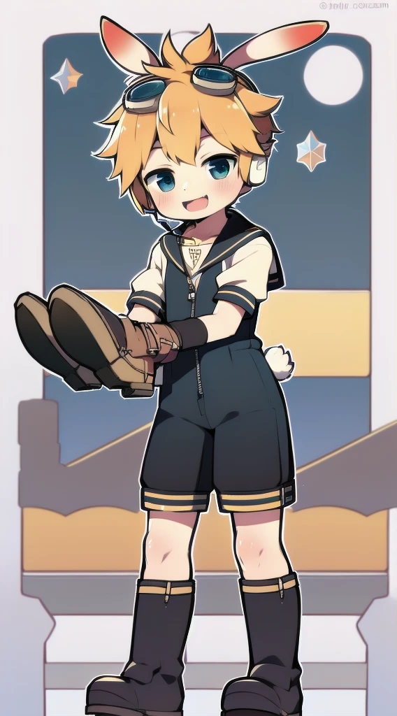 2D Shonen Shota，Siamese combat uniform，Slim, healthy body，Put the headphones on your head，stand up，goggles，Rabbit ears，Happy，Sailor collar，tie，Zipper down，boots，charming