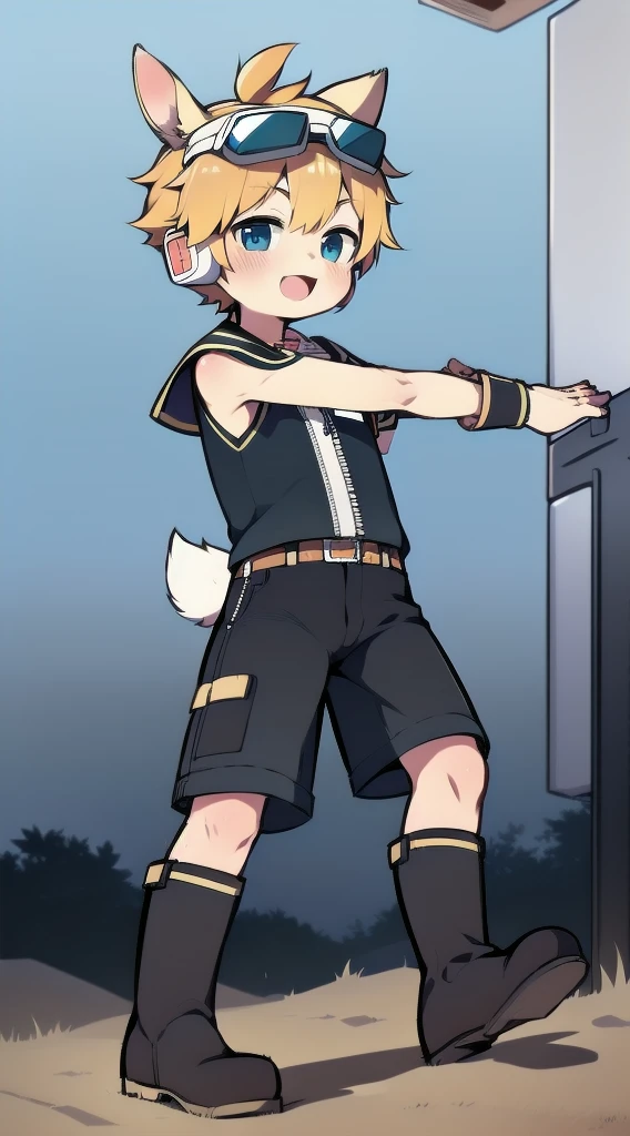 2D Shonen Shota,Siamese combat uniform,Slim, healthy body,Put the headphones on your head,stand up,goggles,Rabbit ears,Happy,Sailor collar,tie,Zipper down,boots,charming