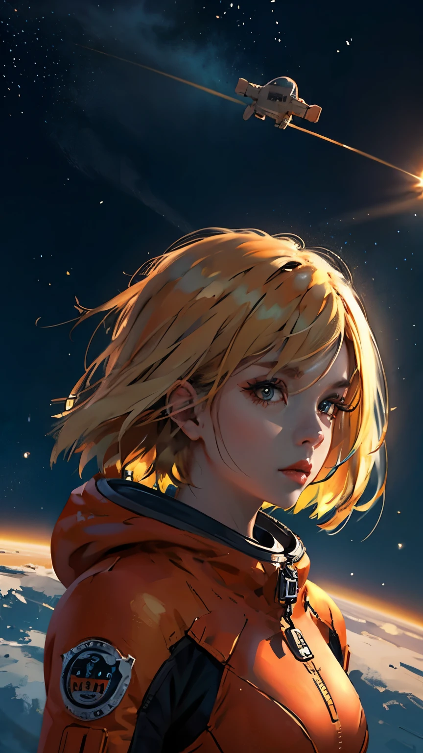 Looking at the camera、Upper Body、Long blonde、Orange space suit、Space Background、Flying through space、High resolution、High resolution、Maximum resolution 、Russian、Moderate bust、woman、cccp、