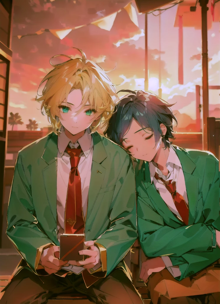 Two boys,Shoulder to Shoulder,Close your eyes,sleep,The person on the left has blond hair,The person on the right has dark blue hair,Blue-green school uniform,White shirt,Red tie,Black pants,Sitting on a bench,背景是Sunset,Sunset,sunset,美丽的Sunset,Sunset光影,Backlight,Correct warm lighting,8K,Correct human body,Detailed eye painting,illustration,Highest quality,Exquisite,Detailed face,Masterpiece,flat chest,Slim,young,,High-end,Hand Painted,Official Fanart, Visual novel, Anime style,Girly Romance, Produced by Anime Painter Studio,masterpiece, best quality, Sharp focus, Intricate details, Perfect, Golden Ratio Composition, 8K resolution, High resolution, fair, fair sky, Vibrant pastel colors, Vibrant colors