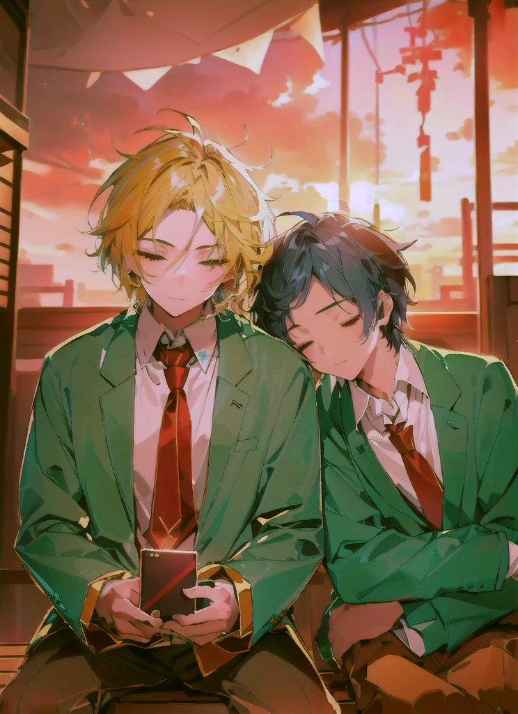 Two boys，Shoulder to Shoulder，Close your eyes，sleep，The person on the left has blond hair，The person on the right has dark blue hair，Blue-green school uniform，White shirt，Red tie，Black pants，Sitting on a bench，背景是Sunset，Sunset，sunset，美丽的Sunset，Sunset光影，Backlight，Correct warm lighting，8K，Correct human body，Detailed eye painting，illustration，Highest quality，Exquisite，Detailed face，Masterpiece，flat chest，Slim，young，16 years old，High-end，Hand Painted，Official Fanart, Visual novel, Anime style，Girly Romance, Produced by Anime Painter Studio，masterpiece, best quality, Sharp focus, Intricate details, Perfect, Golden Ratio Composition, 8K resolution, High resolution, fair, fair sky, Vibrant pastel colors, Vibrant colors