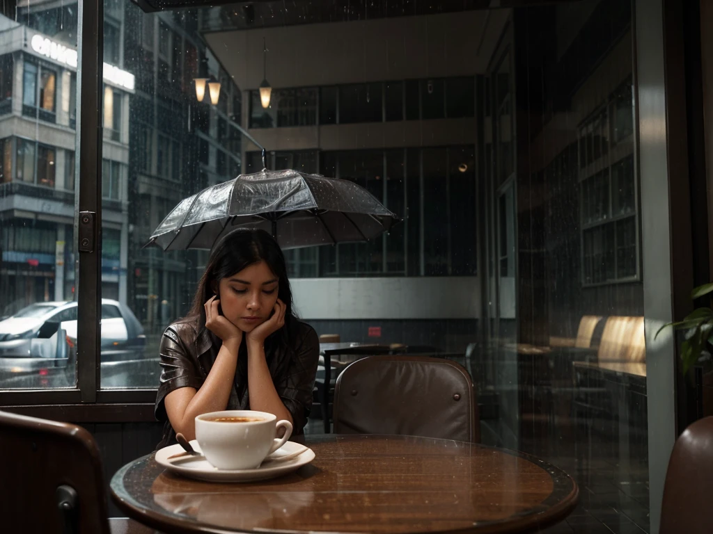 Hyperrealistic 8k high detail 3d art, Dreamy dreamscape smoky room perspective view from cafe window, raining city, warm cup of chocolate, bustling figures in the rain, empty chair on the table next to cafe window. She doesn't want to get caught in the rain, she doesn't want to go home. She'd rather stay in this cafe with sitting sideways to the glass windows. Deep thoughts missing his shadow in the rain. No one knows the story she is living in, only she does.