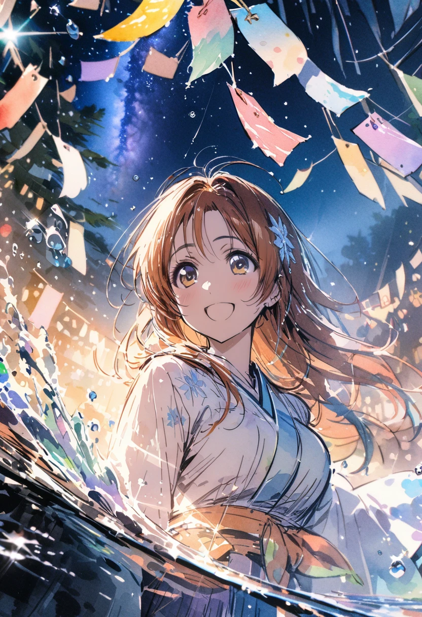 masterpiece,highest quality,ultra-detailed,high-definition background,8K,hi-res,high quality,BREAK,Water Drop,girl, japanese manga style, sketch, Watercolor Colors.Tanabata.milky way、((Orihime and Hikoboshi:1.5))、A radiant smile、Smile、Star of the sky