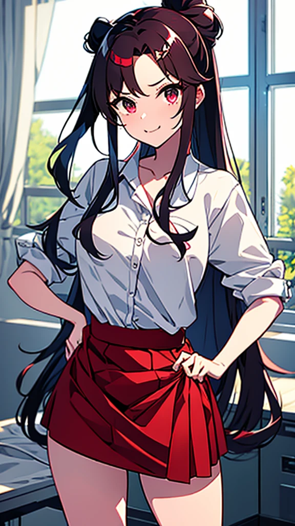 high tail hairstyle, Ponytail hairstyle, Long wavy black hair, standing posing, anime girl style, pixel art anime style,penetrating look with deep eyes,red and purple eyes, hair with a ponytail hairstyle trapped with a big red bun, Women, red hair clips, x color shaped hair clips , short white shirt, smooth receptionist miniskirt, smiling face blush, standing in his bedroom, next to his bed, receptionist clothes, lifting her skirt, grabbing her skirt with her hands to lift it up, letting her look at her underwear.