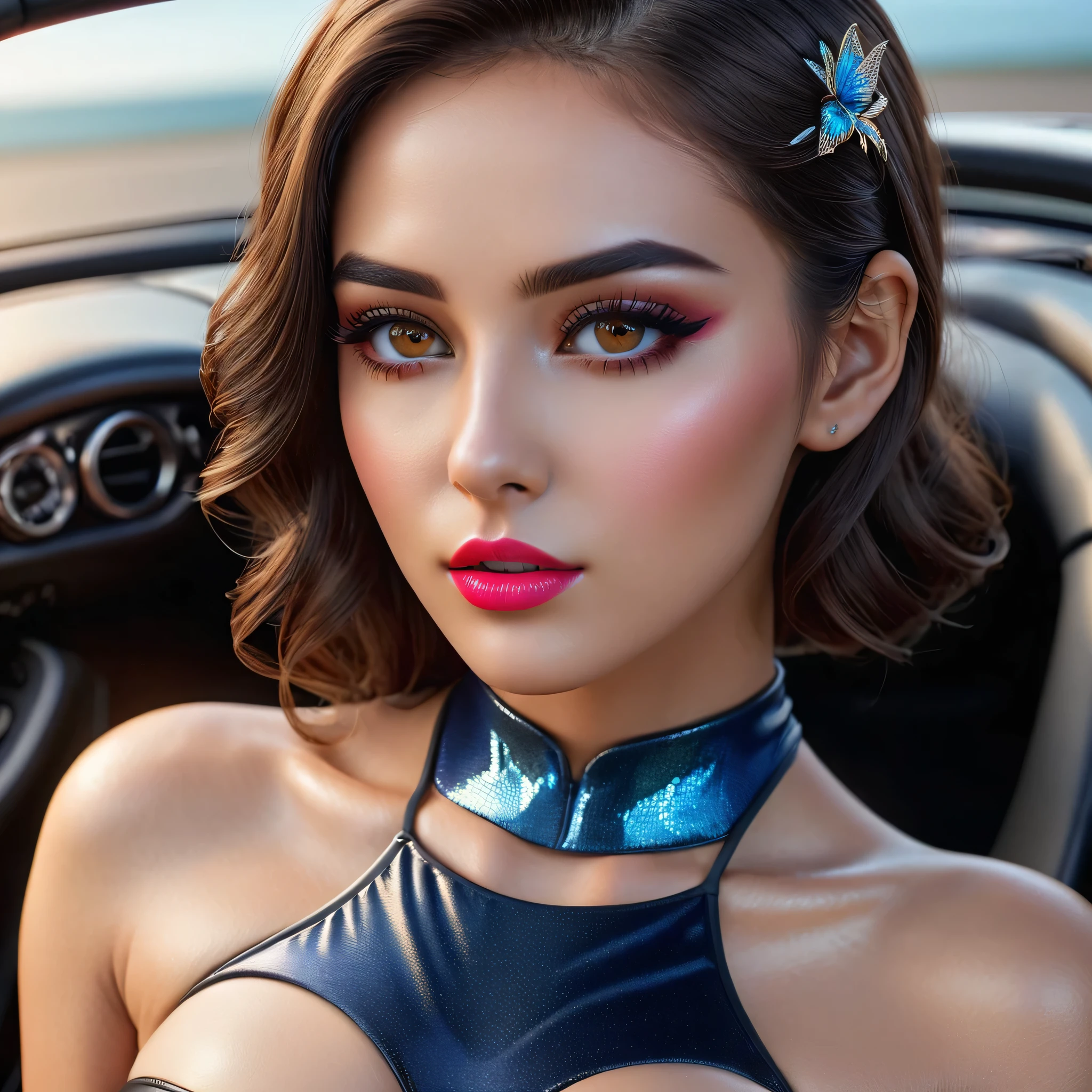 Divide Ratio : 1,1,1 Base Ratio: (masterpiece: 1.3 ), (high resolution photorealistic Realism 16K Quality): (ultra_detailed, UHD:1.2), Extremely detail CG unity 8k wallpaper, depth of field, Fujicolor, (best quality), Fantasy, Artistic, A delicate fairy with mature features, puffy lips, ((the most absurd quality perfect eyes:1.3)), (super detail beautiful slim and sharp-face), (light pale complexion), ((Insanely detailed clear and sharp non blurry perfect round realistic brown_eyes:1.4)), Detailed lips:1.3, a (girl 22-year-old),fashion supermodel,(best high quality real texture skin:1.4),(ebony skin female),(best quality texture hair:1.4),BREAK,((black hair (slicked to the side) Intricately detailed:1.3)), underwear, ((Black strapless one-piece swimsuit:1.3), Insanely detailed:1.35), ((Sexy woman sitting on the engine cover of a sports car:1.35))、((spread your legs:1.33))、(show me your Black panties:1.35)、((nissan gtr:1.3))、 ((the most absurd quality perfect eyes:1.23)), (super detail beautiful slim and sharp-face), (light pale complexion), (Insanely detailed clear and sharp non blurry perfect round realistic brown_eyes:1.4), Detailed lips:1.3, (perfect proportions),(anatomically correct),(perfect female body:1.4),(firm big full breasts:1.2),slim face,beautiful cheekbones,((slim,muscled body:1.3)),finely detailed pupils,BREAK,detailed lips:1.3,(pink_makeup),(red_lipstick),(perfect dark_eyeshadows:1.1), iridescent eyes, with professional makeup, vibrant eyes:1.2, (Detailed nose:1.2),