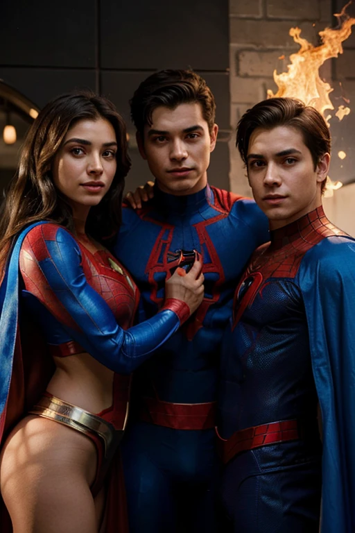A super girl and two super boys, one with a blue cape and fire in his eyes, the other as spiderman and the girl as a beautiful and radiant super girl, their names are imer , zabdi and shani
