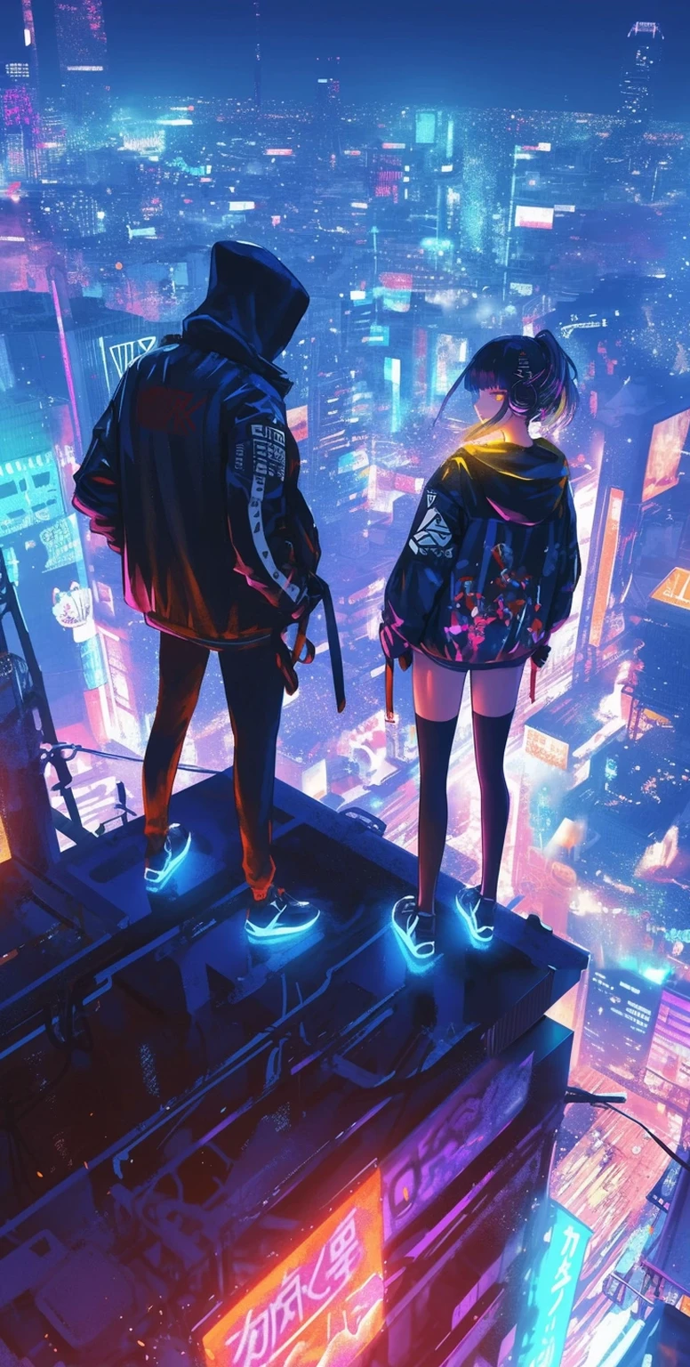 Two people standing on a ledge overlooking the city at night, cyber punk vibe, cyber punk art style, cyber punk vibes, digital cyber punk - anime art, cyber punk themed art, cyber punk anime art, digital cyber punk anime art, in cyber punk style, cyber punk artstyle, has cyber punk style, anime cyber punk art, in cyber punk city, cyber punk art, cyber punk))), cyber punk style, style of cyber punk