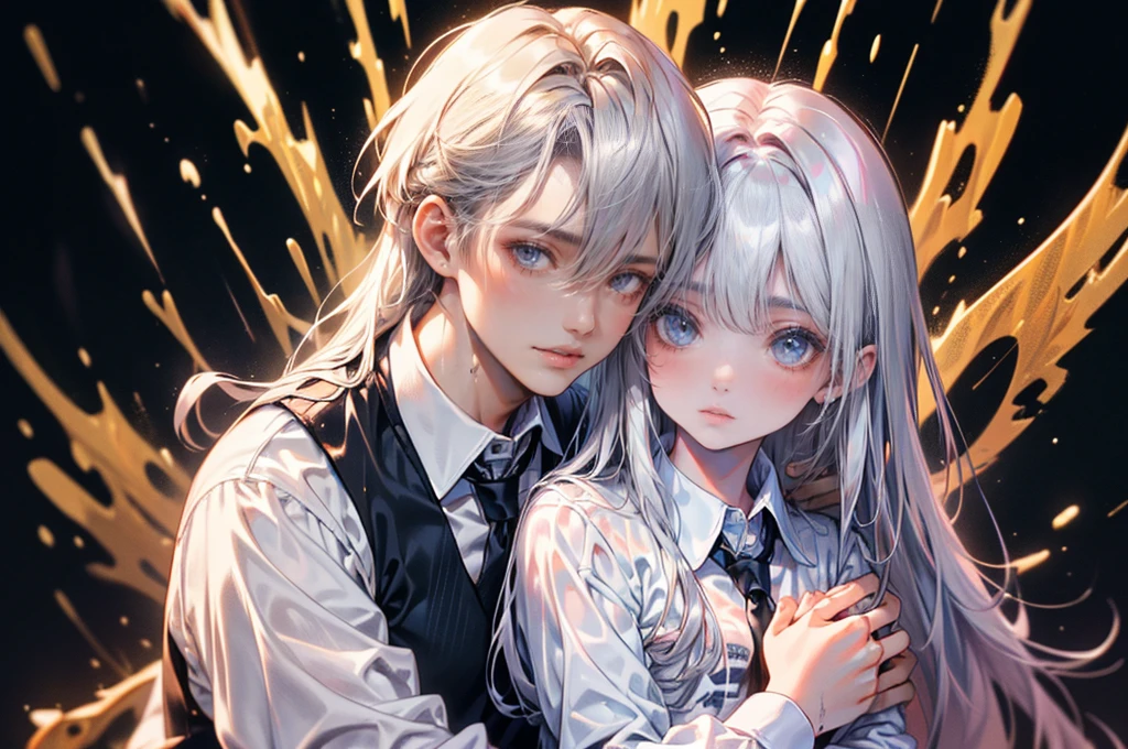 (top-quality:1.4、8K)、A 24-year-old man and a 34-year-old man hugging each other、Two middle-aged men、((White Y-shirt and tie))、Black Background、Detailed facial expressionasterpiece),Highest quality,Excellent anatomy、Angle from below、　Wet with rain、