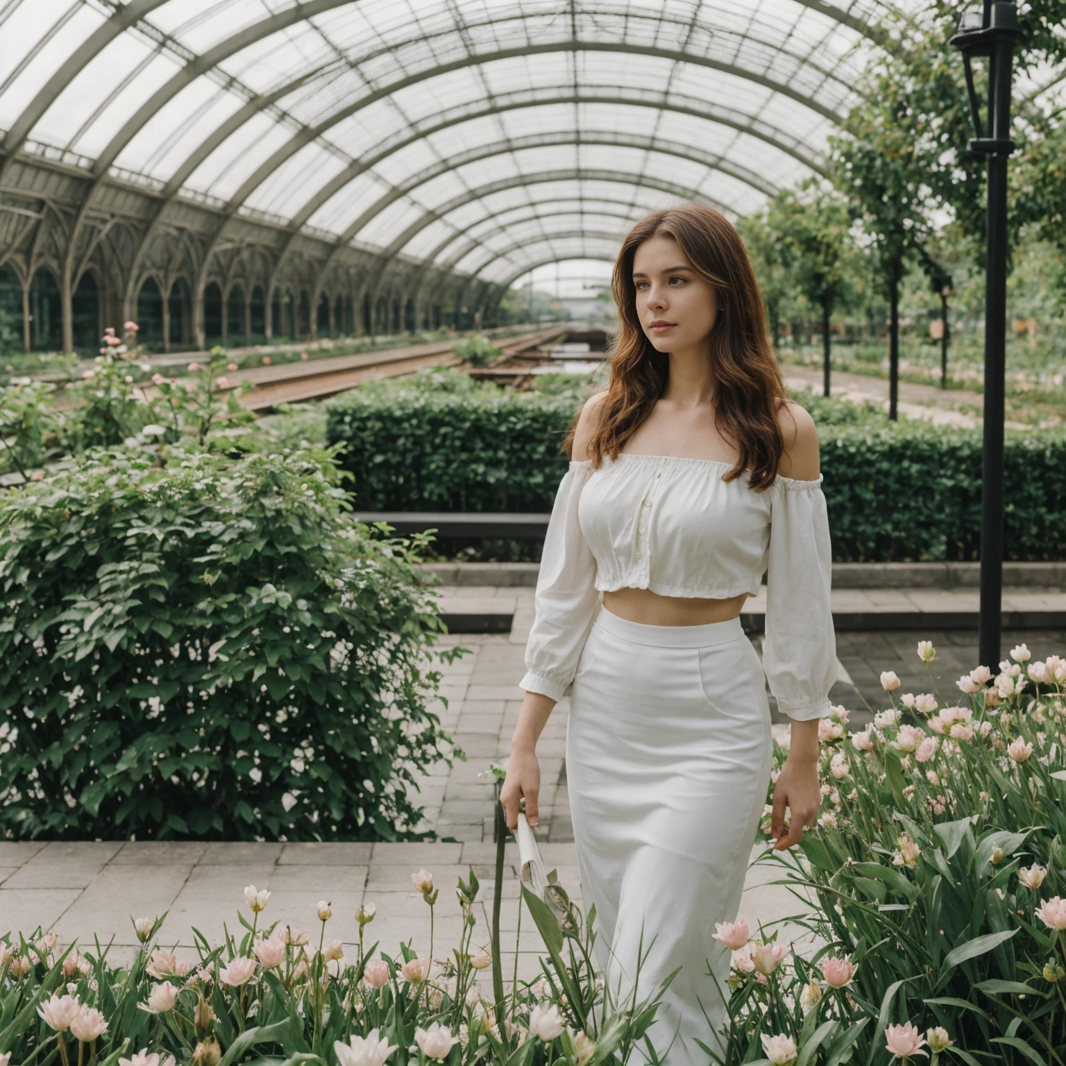 her name is Elle, high quality, 1girl, ((20-year-old fit Caucasian woman)), ((20 years old)), ((fit)), ((pale skin)), ((medium round breasts)) ,Beachy Waves auburn hair , wearing Off-Shoulder Satin Blouse+ High-Waisted Pencil Skirt, pose: standing, background: The former railway station that is now the Musée d'Orsay houses stunning works of Impressionist art. You stand before Monet’s "Water Lilies," captivated by the play of light and color. The open space, filled with the sound of soft footsteps and whispers, along with the scent of polished wood and faint traces of paint, creates a serene and inspiring environment.