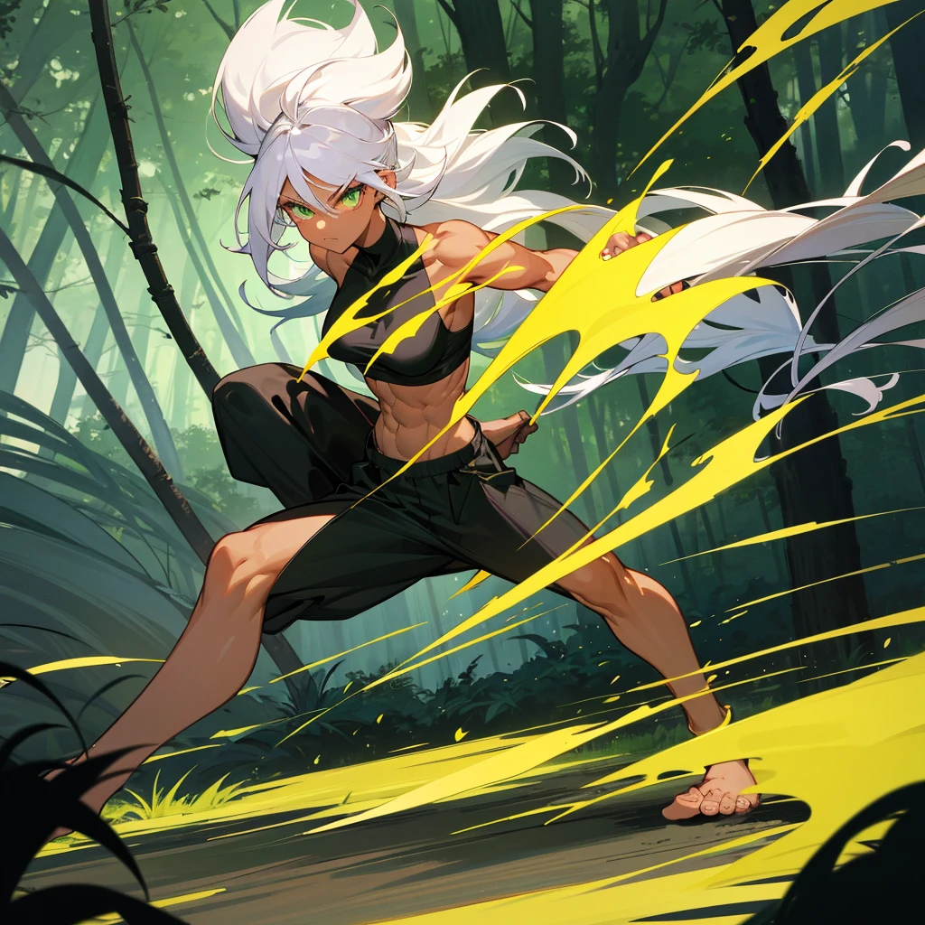 Dark-skinned woman, long white hair, vibrant green eyes, wearing a black sports bra, black baggy martial arts pants. Anime artstyle. In a forest at night. Bare feet. best quality, perfect muscular body, looking at viewer, martial arts stance, serious face, foot focus