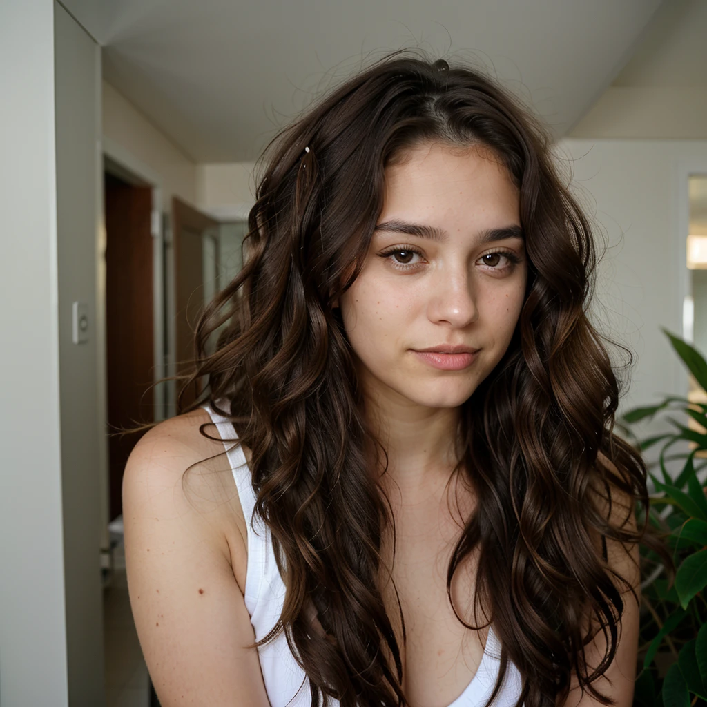 1 fille seule, from front shot, closeup headshot, wife, belle, cute, young, 19 ans, brune, pouty lips, Italian, French, Latin, yeux marron clair, mince, model, long hair, wavy hair, fine du visage, made up