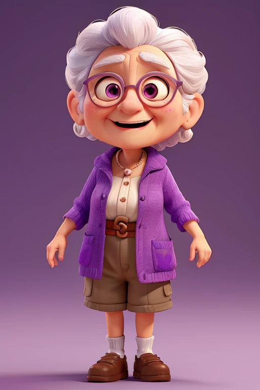Elderly woman character from the film amusingly, disney pixar style,3d,white  hair, eyes browns, shorts marrom, face with happy expression, with open arms, purple skin color, white background 8k quality