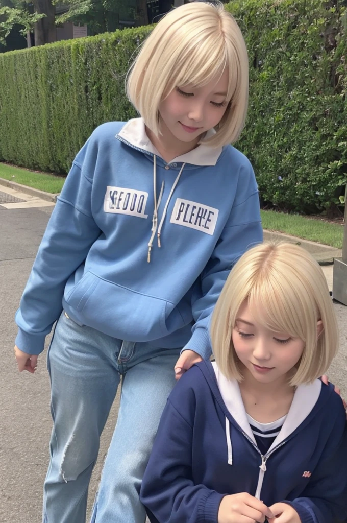 Blonde Bob、cute、high school student、Cheating on the roof
