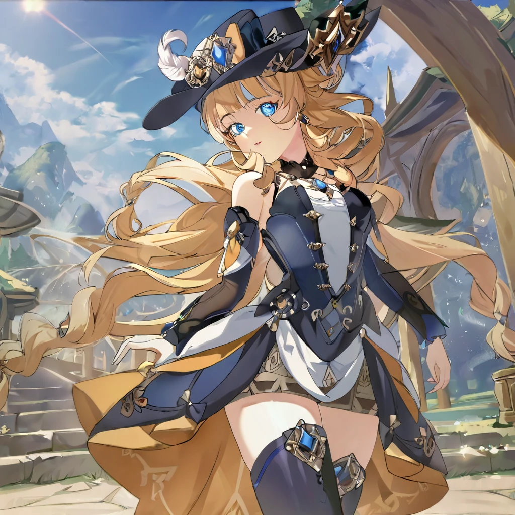 extreme detailed 1girl, masterpiece, ultra-detailed, an extremely delicate and beautiful, solo, navia /(genshin impact/), blue eyes, messy hair, dress, detached sleeves, jewelry, black thighhighs, hat, stay, outdoor, dragonballartstyle