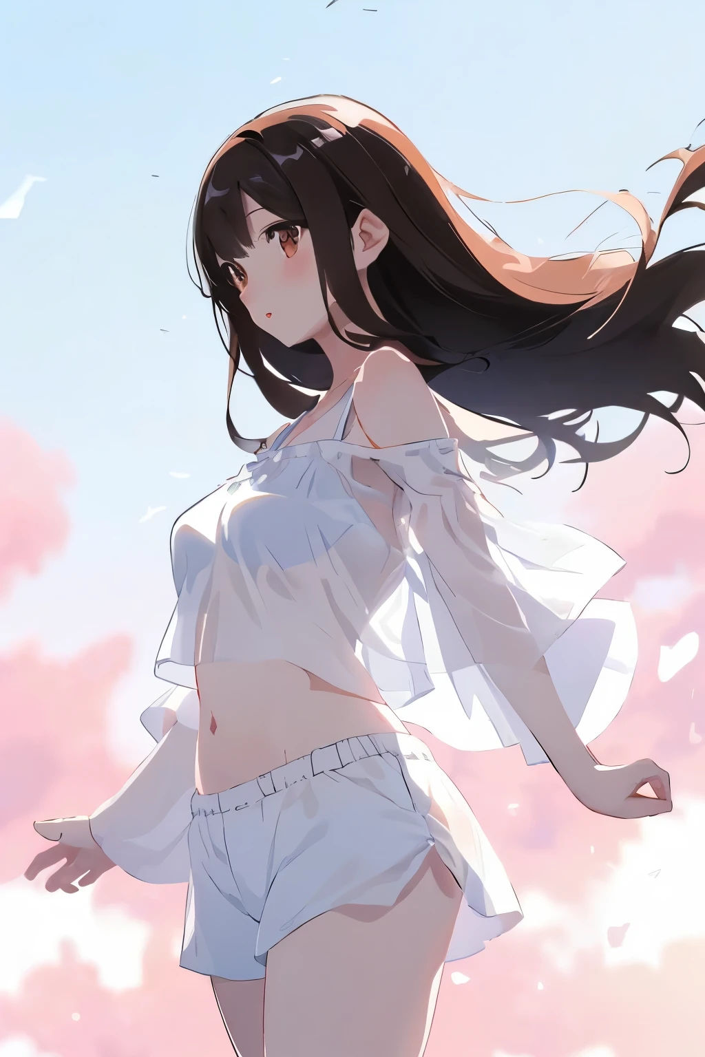 best quality, masterpiece, (独奏:1.2), (1 Female:1.2)、Age 25、Larger breasts、(Slender figure)、(Thighs)、(side)、belly button、(Stretch:1.2)、(See-through clothing:1.2)、White off-the-shoulder tops、(White shorts:1.2)、Summer clothes、(White highlight in pupil:1.2)、Reddish brown eyes、(Black-haired:1.2)、(Long Hair)、(View your viewers:1.2)、White skin、(blush)、(Lively expression)、(I blur the background a lot to make the woman stand out.:1.3)、(Abstract style background)、(Wind-feeling background)、blue sky