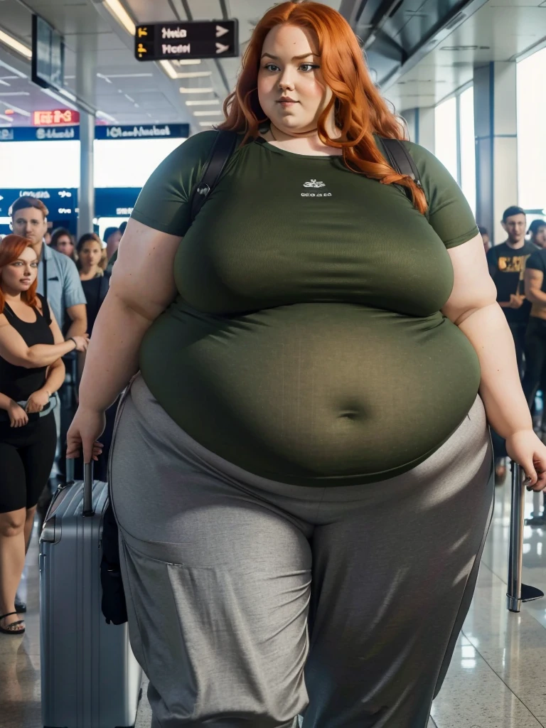A plane passenger detailed photo of a Beautiful ginger SSBBW, with long wavy ginger hair, with big soft fat belly, thicc fat arms, thicc wide legs, big breast, in a cute green top tucked in her pants, and black pants, at airport waiting for the plane holding a big travelling bag