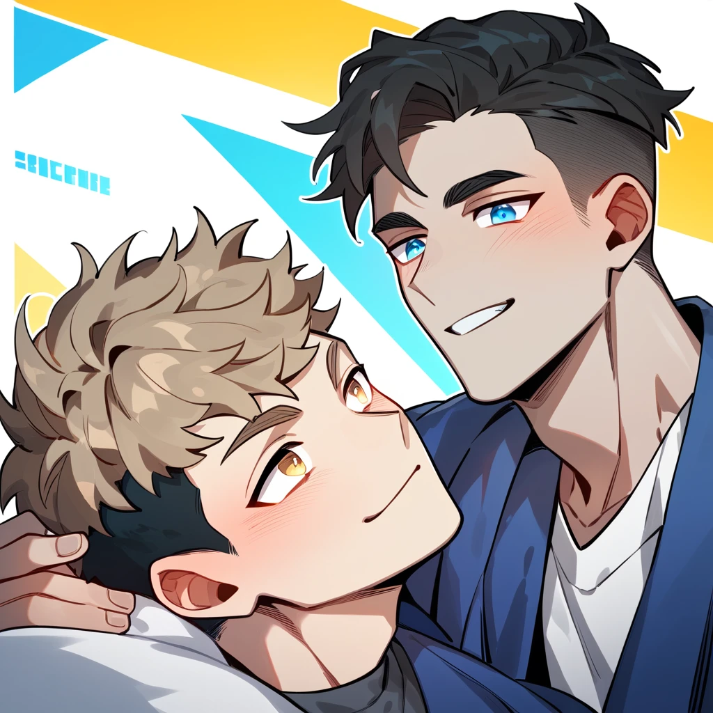 2 young men, focus man , Yaoi, pair,smile, student, short hair, light brown hair, blue eyes, Acharya, black hair, Undercut style, golden eyes , The best aesthetics , best quality, Amazing quality, The best aesthetics,Not wearing a shirt, naked, penis, Have sex with someone else , naked, 25+