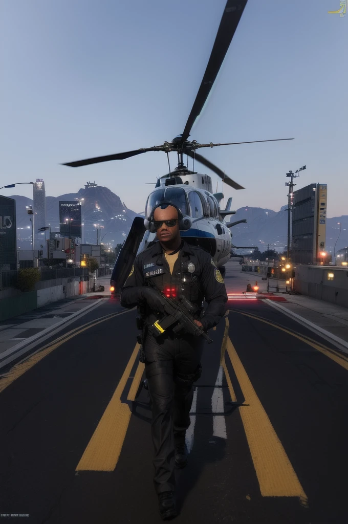 police officer standing in front of a helicopter on a helipad, as a character from gtav, police lspd outfit, gta character, police officer, outfit: cop, officer, in game, gta v character, full body shot hyperdetailed, in gta v, upper body avatar, helicopter, police uniform,realistic