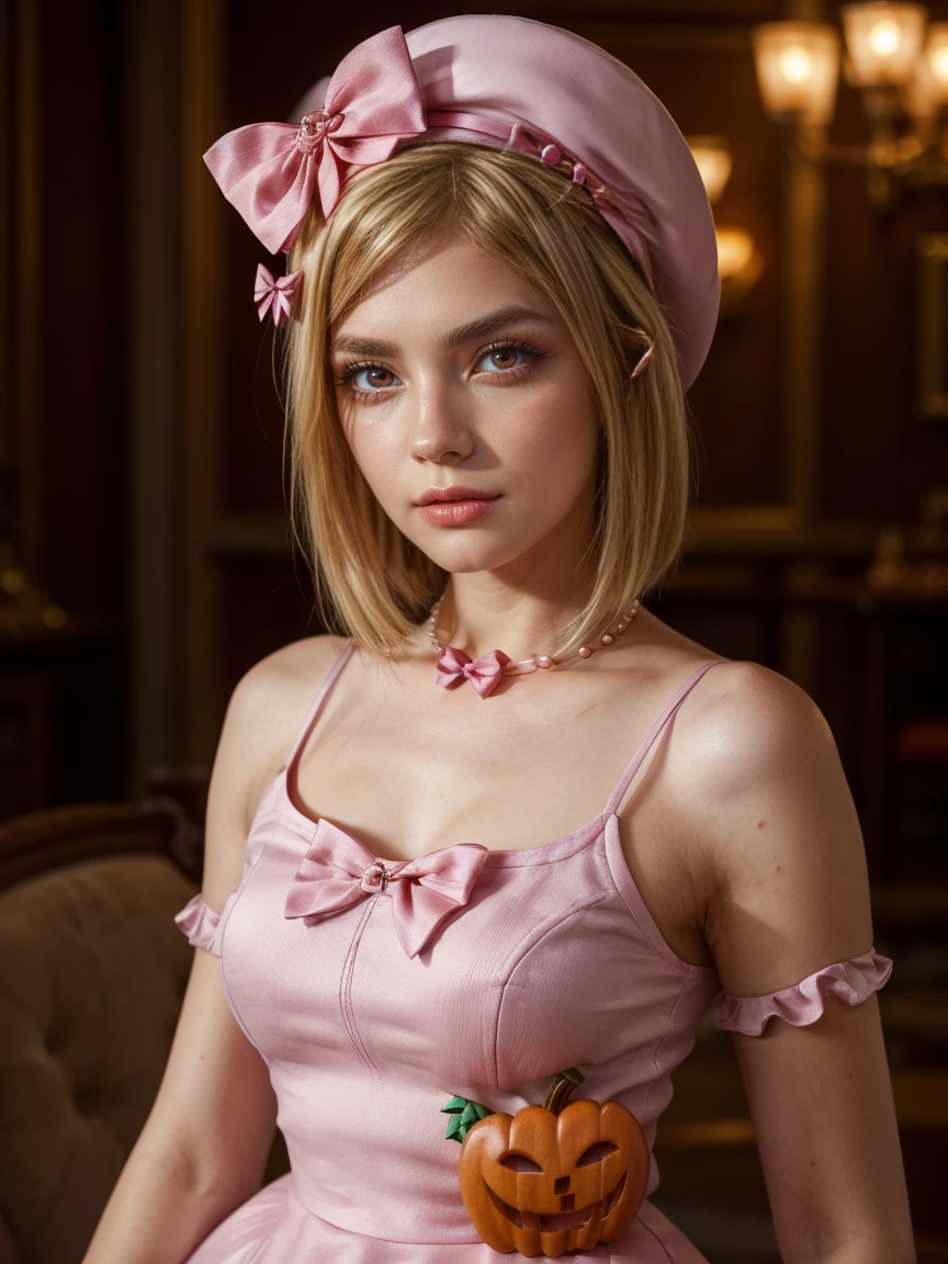 (1 lady), The beautiful, (Best quality at best:1.4), (ultra - detailed), (extremely detailed CG unified 16k), gold blonde hair, very detailed, High-definition RAW color photo, professional photoshooting, amazing face and eyes, cosmetics, (amazingly beautiful girl), ((lambdadelta, tall woman, taller)), ((dress, red bow, pink hat, necklace, gloves, pearl, pink dress, pumpkin brooch)), standing, realistic cinematic face, photo portrait, upper body (shoulders to head), photorealistic, ((realistic natural blonde hair style, red eyes)), gorgeous, extremely beautiful face, perfect model beauty, pout mouth, flirting smile, cleavages, city girl, western, (masterpiece), best quality, high resolution, extremely detailed, blurred background, depth of field, cinematic lighting, clear and well-cared skin