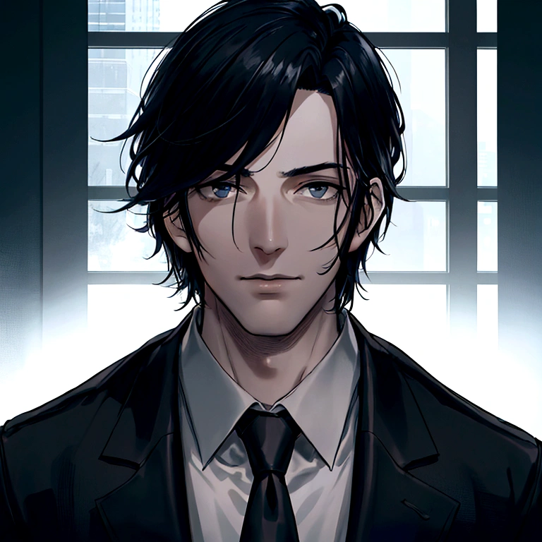 detailed portrait of a tall man, 1 man, detective, black hair with blue underneath, black eyes, dark background, modern, dim lighting, high quality, ultra-detailed, cinematic lighting, photorealistic, 8k, HDR, hyper detailed, sharp focus, physically based rendering, studio lighting