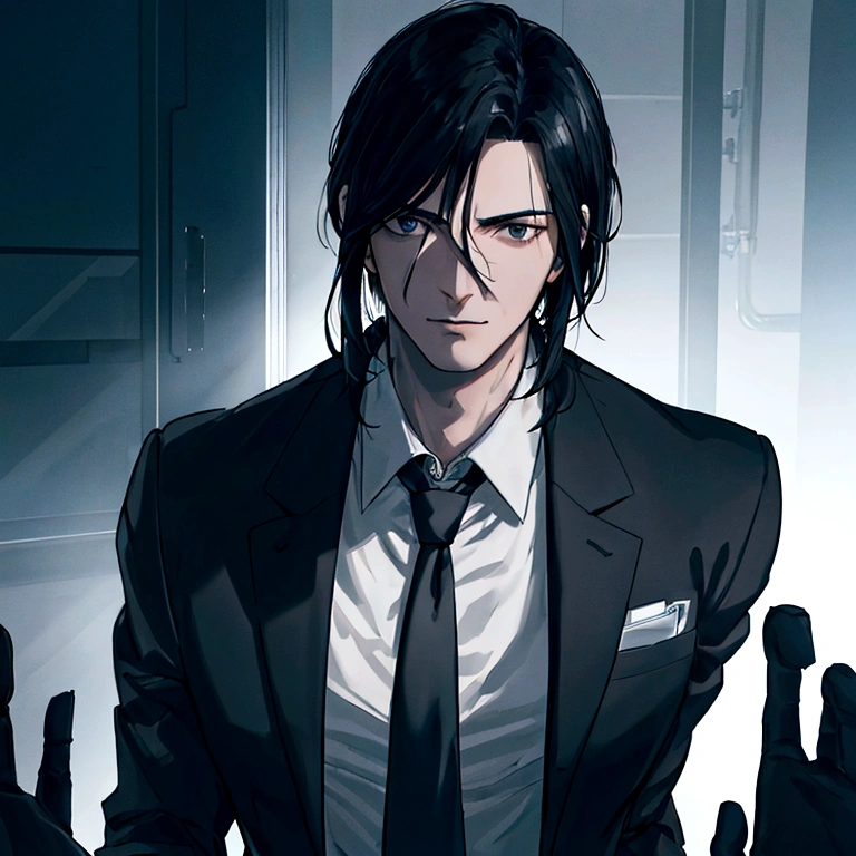 detailed portrait of a tall man, 1 man, detective, black hair with blue underneath, black eyes, dark background, modern, dim lighting, high quality, ultra-detailed, cinematic lighting, photorealistic, 8k, HDR, hyper detailed, sharp focus, physically based rendering, studio lighting
