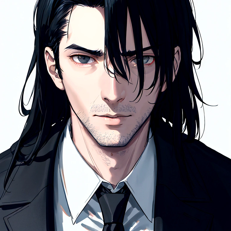 detailed portrait of a tall man, 1 man, detective, black hair with blue underneath, black eyes, dark background, modern, dim lighting, high quality, ultra-detailed, cinematic lighting, photorealistic, 8k, HDR, hyper detailed, sharp focus, physically based rendering, studio lighting