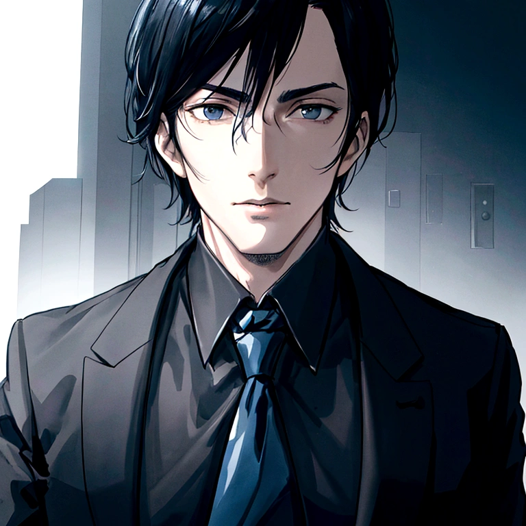 detailed portrait of a tall man, 1 man, detective, black hair with blue underneath, black eyes, dark background, modern, dim lighting, high quality, ultra-detailed, cinematic lighting, photorealistic, 8k, HDR, hyper detailed, sharp focus, physically based rendering, studio lighting