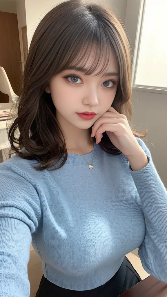 On the table, best quality, digit, Super detailed, finely, High resolution, 8k wallpaper, 完璧なダイナミックな構digit, Beautiful and delicate eyes,  (Change eye color to light blue:1.3), Natural lips, Long eyelashes, Makeup is dark, Sexy knitted dress , Large Breasts, Cleavage, casual sexy pose, full-body shot,long curly shaggy hair
