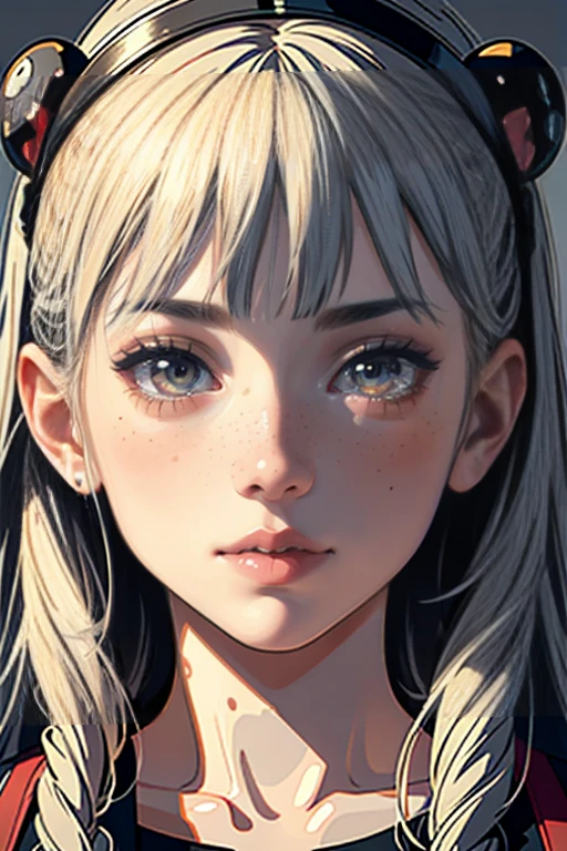 a beautiful detailed girl with cute freckles, a mole under her left eye, wearing clothes with stickers, hot anime style, intricate details, realistic portrait, 8k, high quality, detailed skin and eyes, natural lighting, vivid colors, masterpiece