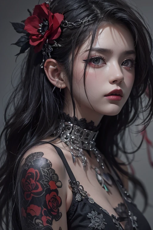 Highest quality、、masterpiece:1.3、Gothic Punk、Red on the inside、Gray Black Hair、hair ornaments、beautiful girl、creative、Punk Shirt、Neogoth、Goth Fashion:1.2、High resolution、masterpiece、Highest quality、頭w:1.3、((Hasselblad Photos))、Fine skin、Sharp focus、(Cinema Lighting)、Explore Tokyo'The city at night beyond the neon lights, Forehead open, 、Petting'Hair back、Shoulder Bare、Small red rose tattoo on the décolletage、Just one tattoo