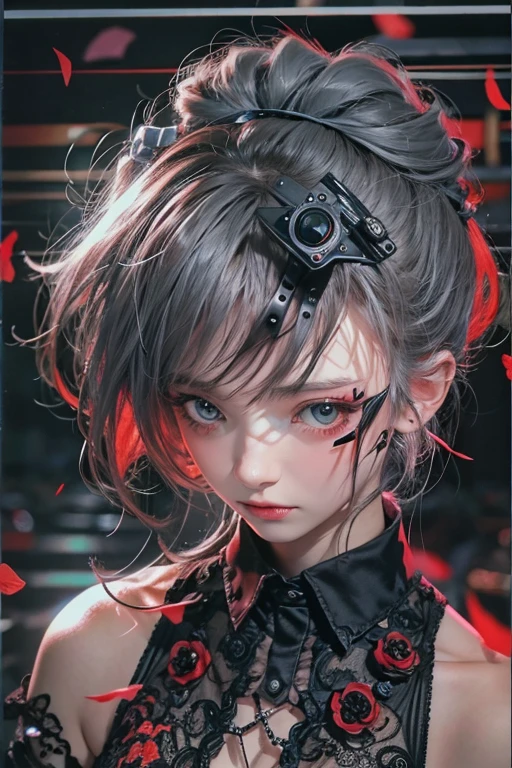 Highest quality、、masterpiece:1.3、Gothic Punk、Red on the inside、Gray Black Hair、hair ornaments、beautiful girl、creative、Punk Shirt、Neogoth、Goth Fashion:1.2、High resolution、masterpiece、Highest quality、頭w:1.3、((Hasselblad Photos))、Fine skin、Sharp focus、(Cinema Lighting)、Explore Tokyo'The city at night beyond the neon lights, Forehead open, 、Petting'Hair back、Shoulder Bare、Small red rose tattoo on the décolletage、Just one tattoo
