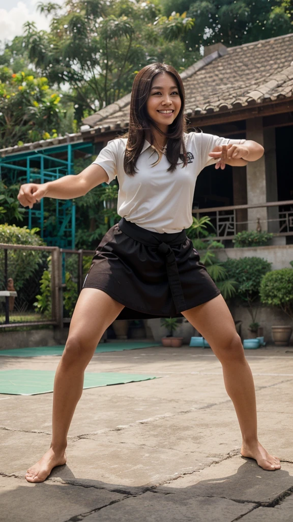 Ayu, the Indonesian woman with straight or slightly wavy dark brown hair, medium-sized expressive dark brown eyes, smooth tan or light brown skin, a moderately tall and slender figure, an oval or slightly round face, a nose that is not too prominent, and a friendly smile with neat teeth, is now wearing traditional Pencak Silat attire. She is practicing Pencak Silat on an outdoor badminton court, performing a specific martial arts move with precision and grace.