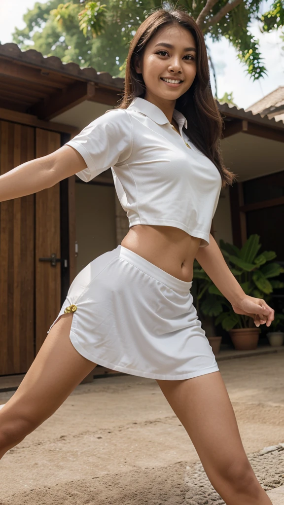 (realistic, perfect, photograph), a 20 years old Assamese girl wearing skirts showing thigh and panty ,skirt color is white, free hand, turn front