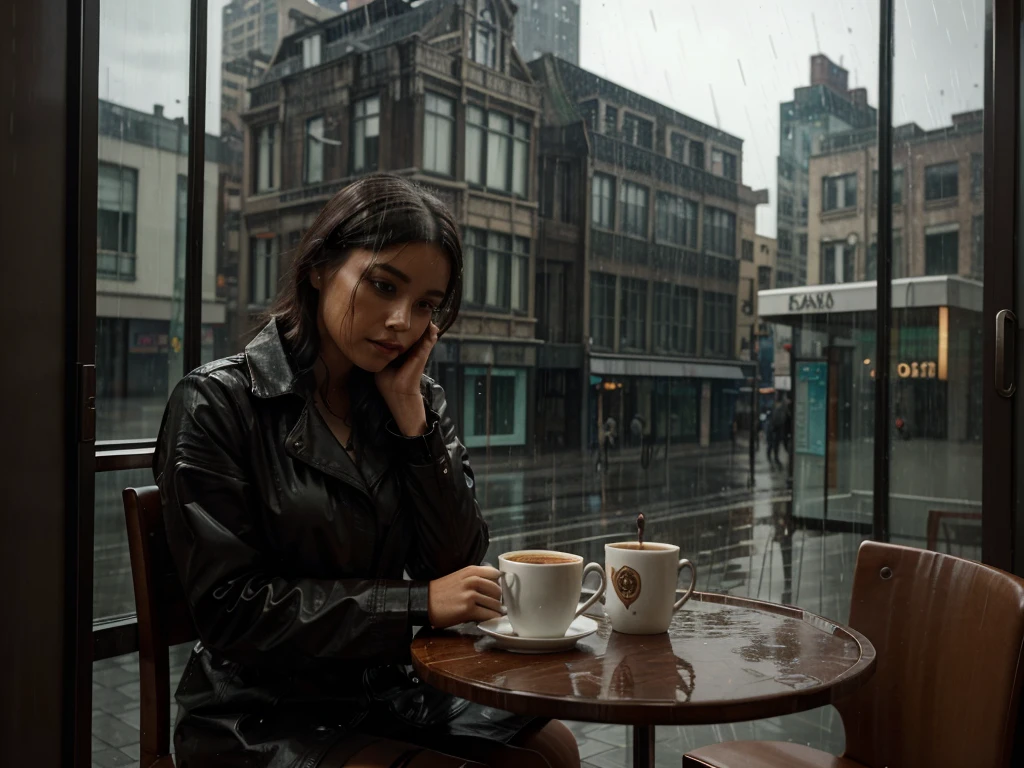 Hyperrealistic 8k high detail 3d art, Dreamy dreamscape smoky room perspective view from cafe window, raining city, warm cup of chocolate, bustling figures in the rain, empty chair on the table next to cafe window. She doesn't want to get caught in the rain, she doesn't want to go home. She'd rather stay in this cafe with sitting sideways to the glass windows. Deep thoughts missing his shadow in the rain. No one knows the story she is living in, only she does.