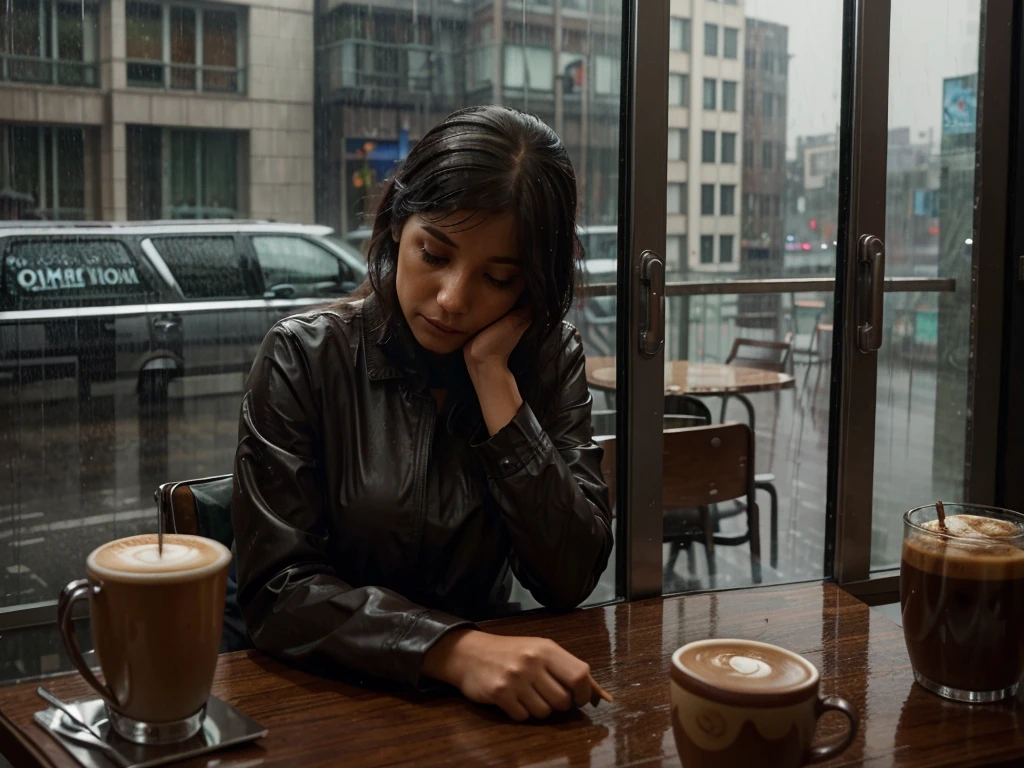 Hyperrealistic 8k high detail 3d art, Dreamy dreamscape smoky room perspective view from cafe window, raining city, warm cup of chocolate, bustling figures in the rain, empty chair on the table next to cafe window. She doesn't want to get caught in the rain, she doesn't want to go home. She'd rather stay in this cafe with sitting sideways to the glass windows. Deep thoughts missing his shadow in the rain. No one knows the story she is living in, only she does.