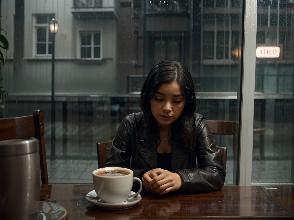 Hyperrealistic 8k high detail 3d art, Dreamy dreamscape smoky room perspective view from cafe window, raining city, warm cup of chocolate, bustling figures in the rain, empty chair on the table next to cafe window. She doesn't want to get caught in the rain, she doesn't want to go home. She'd rather stay in this cafe with sitting sideways to the glass windows. Deep thoughts missing his shadow in the rain. No one knows the story she is living in, only she does.