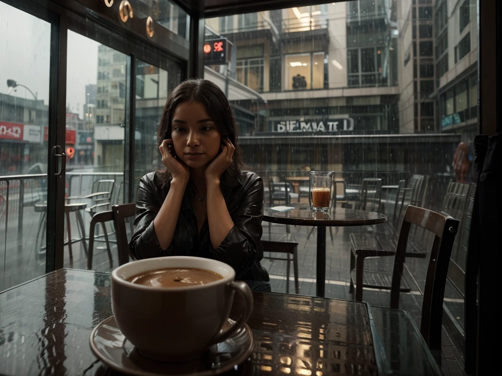 Hyperrealistic 8k high detail 3d art, Dreamy dreamscape smoky room perspective view from cafe window, raining city, warm cup of chocolate, bustling figures in the rain, empty chair on the table next to cafe window. She doesn't want to get caught in the rain, she doesn't want to go home. She'd rather stay in this cafe with sitting sideways to the glass windows. Deep thoughts missing his shadow in the rain. No one knows the story she is living in, only she does.