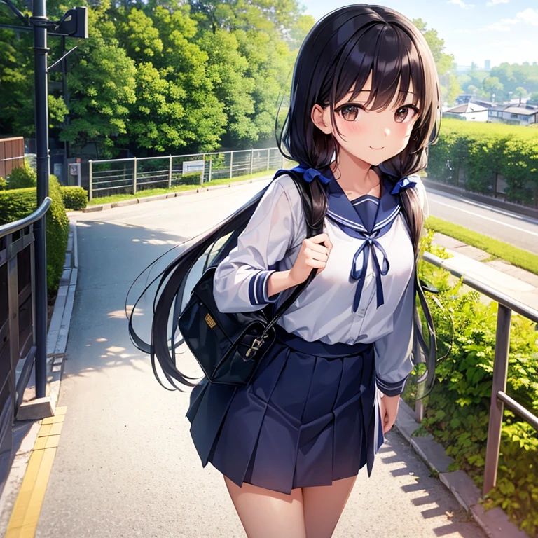 1girl, standing, gentle smile, 15yo, head tilt,
(low twintails), low pigtails, black hair, very long hair,
BREAK
navy blue sailor with blue ribbon, long sleeves,
BREAK
dark brown eyes, 1 school bag on right shoulder,
BREAK
from front, from a little above,
(sloped road, downhill, wide single road in Japan, stylish, urban, city area),
electric pole, white line on the road, trees, white residences, high ground in a port town,
distant urban cityscape, sea in the distance, gantry crane, nice views, afternoon,
anime, high brightness,
(high quality, ultra detailed, masterpiece), FHD
