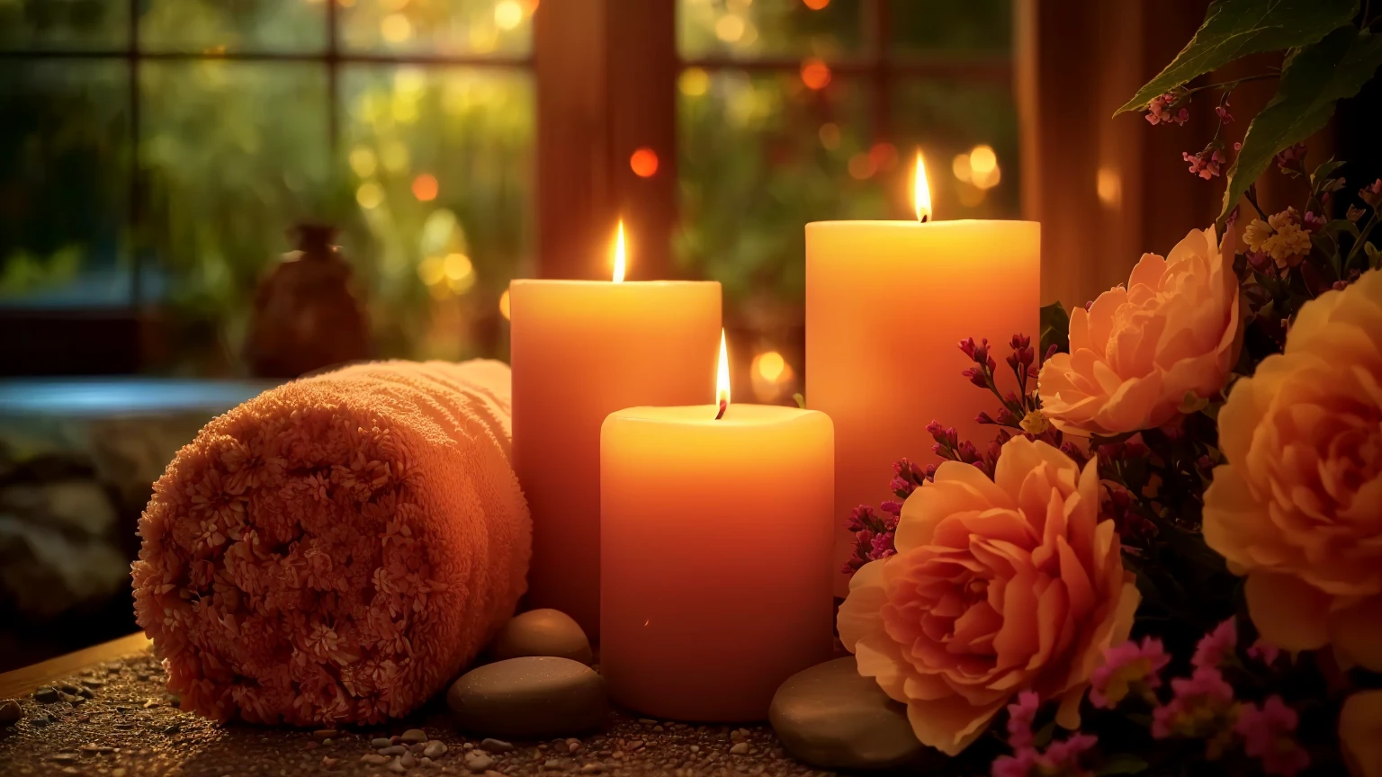 Candles and towels are sitting on a table with flowers and stones, lit Candles, Beautiful atmosphere, glowing Candles, 心地よいCandlesライト, room full of Candles, lit with Candles, Candles, Peaceful atmosphere, Candlelight, Candlesライトs, Beautiful atmosphere, Candles in foreground, The candle is lit, Night atmosphere, Relaxed atmosphere, Candlesライト, Warm glow, Soft glow