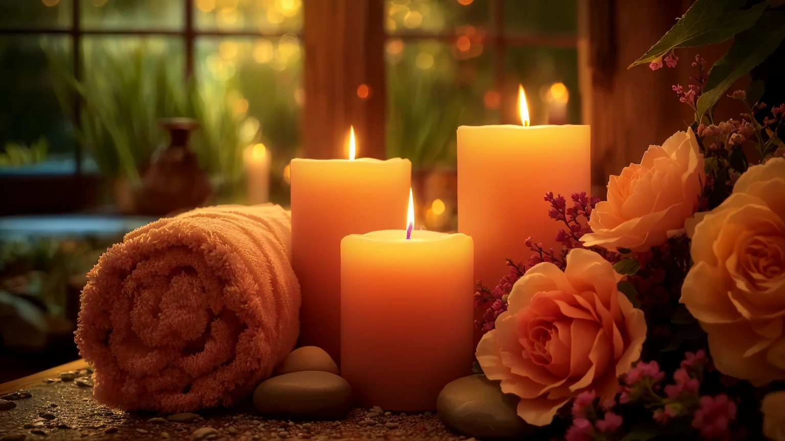 Candles and towels are sitting on a table with flowers and stones, lit Candles, Beautiful atmosphere, glowing Candles, 心地よいCandlesライト, room full of Candles, lit with Candles, Candles, Peaceful atmosphere, Candlelight, Candlesライトs, Beautiful atmosphere, Candles in foreground, The candle is lit, Night atmosphere, Relaxed atmosphere, Candlesライト, Warm glow, Soft glow