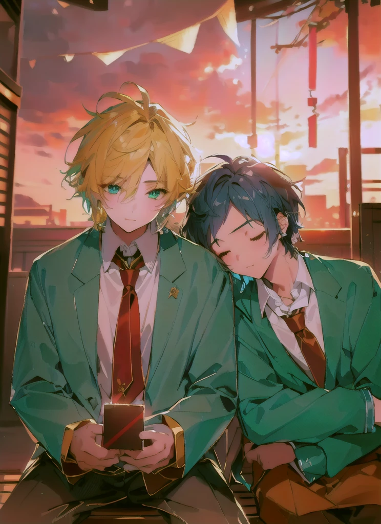 Two boys，Shoulder to Shoulder，Close your eyes，sleep，The person on the left has blond hair，The person on the right has dark blue hair，Blue-green school uniform，White shirt，Red tie，Black pants，Sitting on a bench，背景是Sunset，Sunset，sunset，美丽的Sunset，Sunset光影，Backlight，Correct warm lighting，8K，Correct human body，Detailed eye painting，illustration，Highest quality，Exquisite，Detailed face，Masterpiece，flat chest，Slim，young，16 years old，High-end，Hand Painted，Official Fanart, Visual novel, Anime style，Girly Romance, Produced by Anime Painter Studio，masterpiece, best quality, Sharp focus, Intricate details, Perfect, Golden Ratio Composition, 8K resolution, High resolution, fair, fair sky, Vibrant pastel colors, Vibrant colors