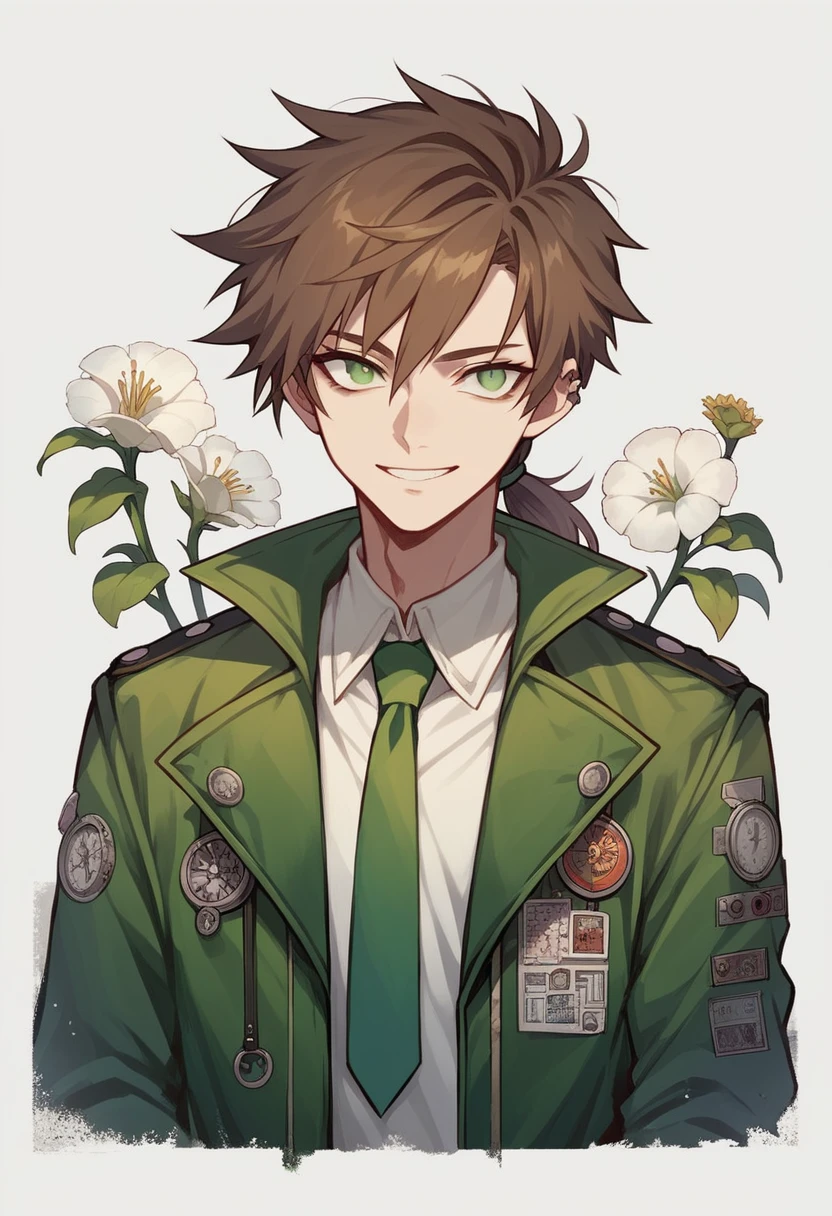 a , Brown Ponytail, White skin, Short man, Green Eyes, masterpiece, punk jacket, White shirt, Green tie, Shoulders open, Open sleeves, A faint smile, flower, Quiet, restraint, (Concept Art)