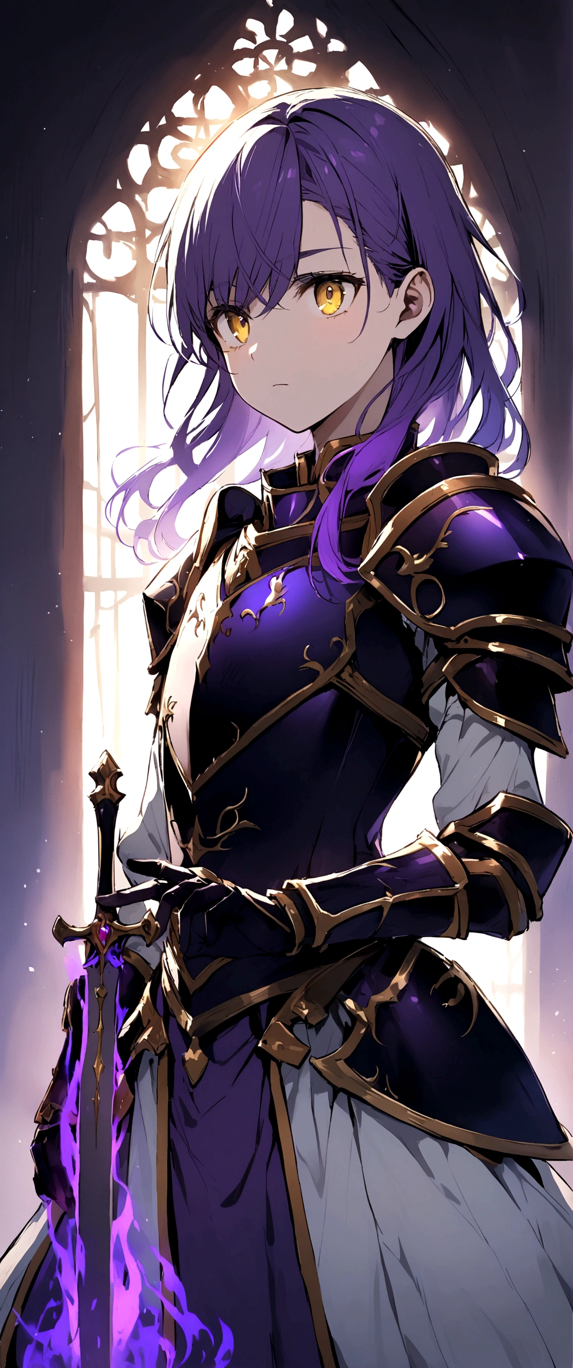Beautiful youth,juvenile,Blue and purple gradient hair,pale yellow eyes,Wearing armor,Wait for the sword